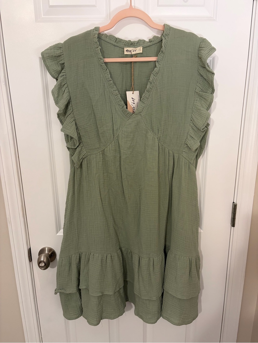 New In Sage Green Ruffle Sleeve V-Neck Dress Boho - 3XL